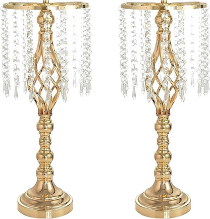 2 Pcs 21.7 Inch Gold Crystal Flower Stand Wedding Centerpieces for Table, Tall Metal Flower Arrangement Stand with Metal Chandelier Tabletop for Event, Birthday, Home Decor