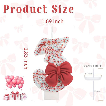 Birthday Candle for Cake, Red Bow Number Candles, 2.76 inch Cake Topper Decoration for Birthday Party (Number 3)