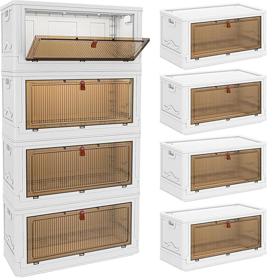 4 Tier Storage Bins with Lids 102QT, Stackable Storage Containers with Wheels, Folding Boxes, Extra Large Collapsible Bins, White