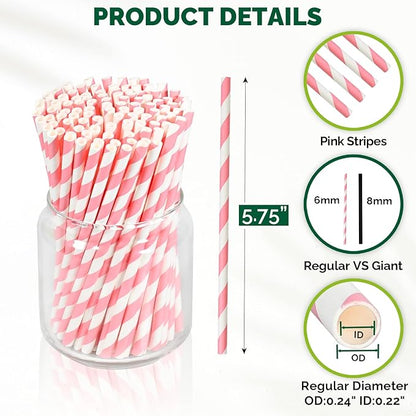 5.75 inch Short Pink Paper Straws 500 Counts, for Cocktail, Mixed Drinks, Cake Pops, Bars, Restaurants - Disposable, Compostable