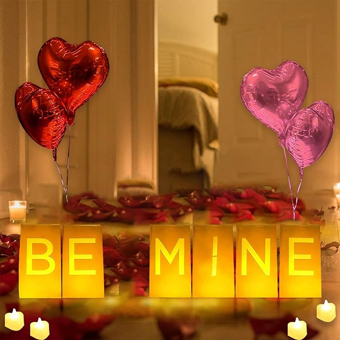 Be Mine Lighted Letters Sign 6pcs Luminary Paper Bags 2000pcs Red Pink Artificial Rose Petals 48pcs Flameless LED Candle Tealight 10pcs Heart Balloons Romantic Night Valentine's Day Decorations