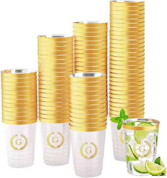 100 Pieces Monogrammed Plastic Cups Gold Foil Letter G Disposable Cups 12 oz Clear Initial Party Cups for Wedding Birthday Baby Shower Personalized Party Drinkware