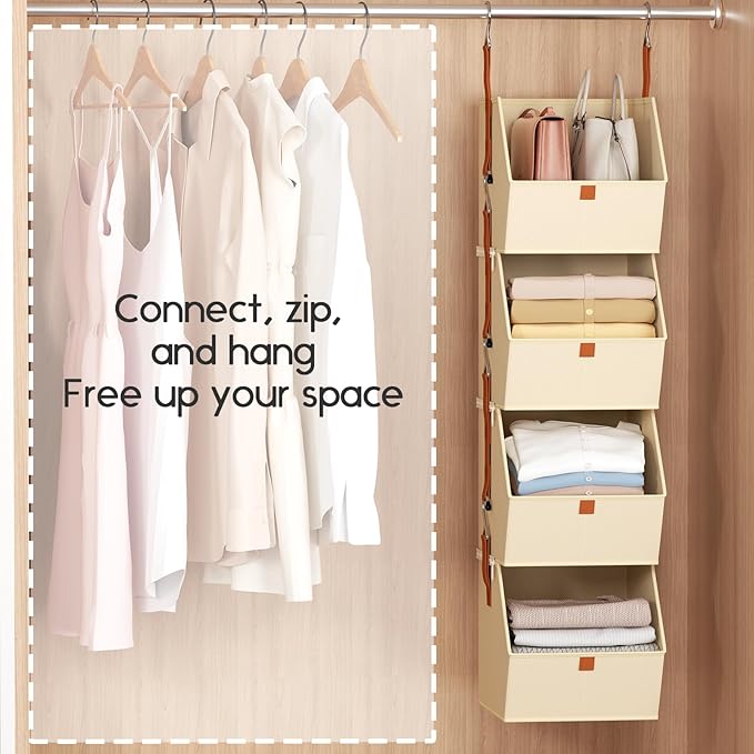 Hanging Closet Organizer 4 Tier - Clothes Hanging Shelves, Space-Saving Closet System, Fabric Storage Bins Bedroom Organization, Collapsible Baskets for Home, Dorm, Rv, Beige, 8 Pack