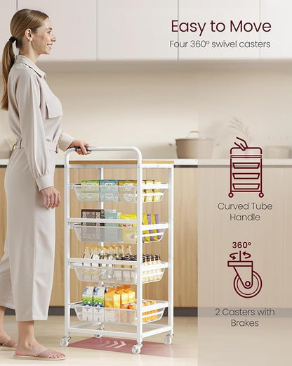 VASAGLE Storage Rolling Cart with Pull-Out Baskets, 5-Tier Utility Cart Orgnizer with Wheels for Laundry Room, Kitchen, Handle, 12.5 x 15.8 x 37.4 Inches, Golden Oak and Matte White ULRC041YA01
