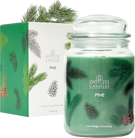 Pine Candle - Large 22oz Glass Jar with Wooden Wick 130 Hours Burn Time - Decorated Jar Within a Presentation Gift Box and Protective Shipping Box