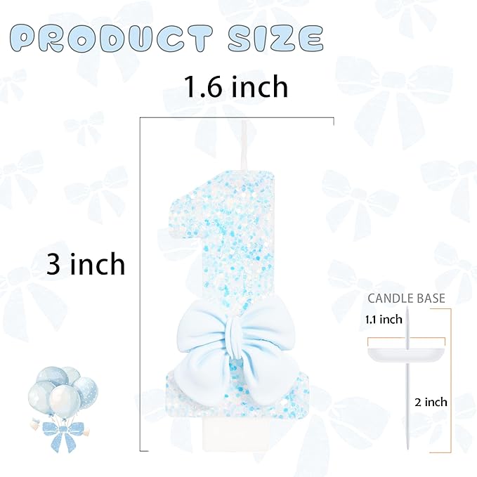 Birthday Candle for Cake, Blue Bow Number Candles, 2.76 inch Number Happy Birthday Candle, Cake Topper Decoration for Birthday Party (Number 1)
