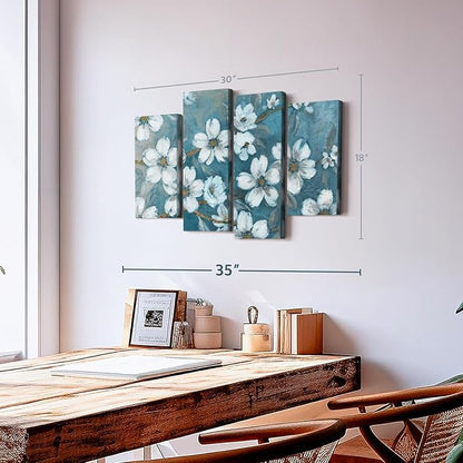 ElephantStock Blossoms Of Evening Wall Art - Horizontal Canvas - 4-Piece Living Room Wall Decor - Blossom Painting Canvas Print - Blue and Gray Decor for Wall by Carol Robinson - 30" X 18"