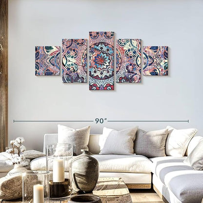 ElephantStock - Mandala Enchantment Wall Art - Horizontal Multi Panel Canvas - 5 Piece Living Room Wall Decor - Digital Art Elements Multi Piece Wall Art - Blue And Beige Decor - 68" x 30"