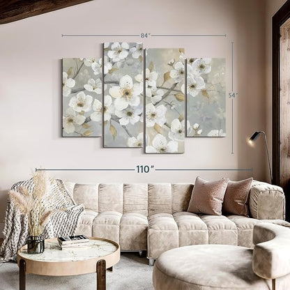 ElephantStock Golden Garden Wall Art - Horizontal Canvas - 4-Piece Living Room Wall Decor - Leaves Painting Canvas Print - Gray and Beige Decor for Wall by Nan - 84" X 54"