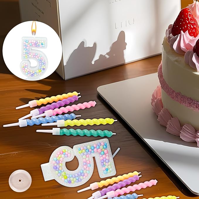 Number Birthday Candle with 12PCS Spiral Candles and A Birthday Card - Perfect for Celebrating Birthdays (Macaron Glitter, Number 5)