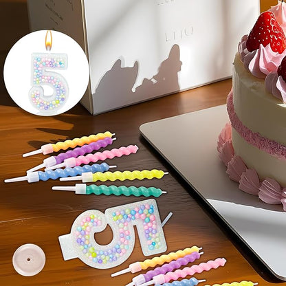 Number Birthday Candle with 12PCS Spiral Candles and A Birthday Card - Perfect for Celebrating Birthdays (Macaron Glitter, Number 5)