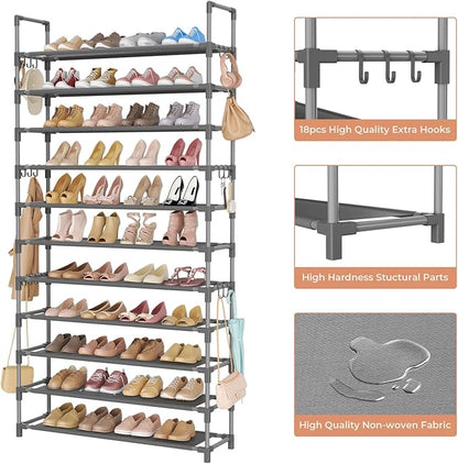 LANTEFUL 11 Tiers Tall Shoe Rack Holds 55 Pairs of Shoes with 18pcs Hooks Sturdy Wide Shoe Organizer Storage Free Standing Metal Shoe Shelf for Closet, Entryway Grey