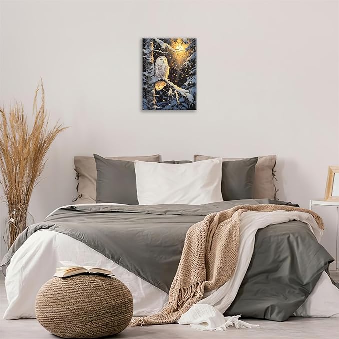 Owl Wall Art, Winter Snow Owl Pictures Wall Decor, Forest Animal Canvas Prints Painting, Framed Artwork for Bathroom Living Room Bedroom Office Dining Room 20"X16"