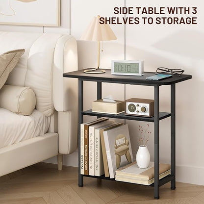 SLEEPING LAMB Side Table for Living Room, 3-Tier End Table for Small Space with Wide Storage Tabletop, Classic Black Narrow Nightstand for Bedroom, Sofa Couch