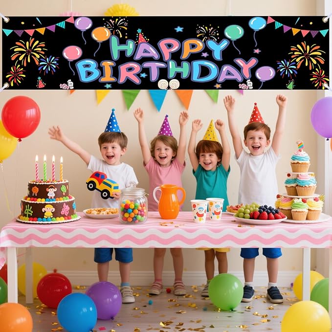 Nuxovilar Happy Birthday Banner Decorations 17.72x78.74 Inch Colorful Fireworks Theme - Polyester for Indoor Outdoor Birthday Party Decor