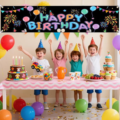 Nuxovilar Happy Birthday Banner Decorations 17.72x78.74 Inch Colorful Fireworks Theme - Polyester for Indoor Outdoor Birthday Party Decor