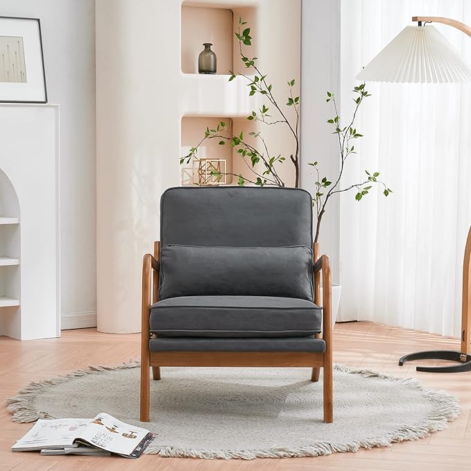 Bonnlo Microfiber Dark Grey Mid Century Modern Accent Chair, Soild Wood Padding Lounge Armchairs Side Sitting Chairs for Living Room, Bedroom, Guest Room