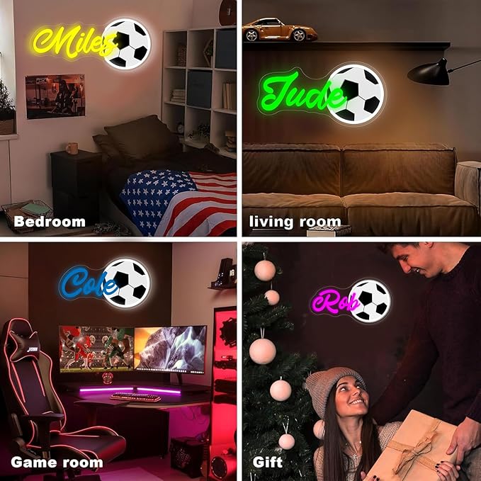 Custom Name Neon Sign, Personalized Soccer Neon Light for Wall Decor, Customizable Sports Led Light Up Signs for Soccer Player Present Kids Boys Bedroom Birthday Party Man Cave Bar Fans Club