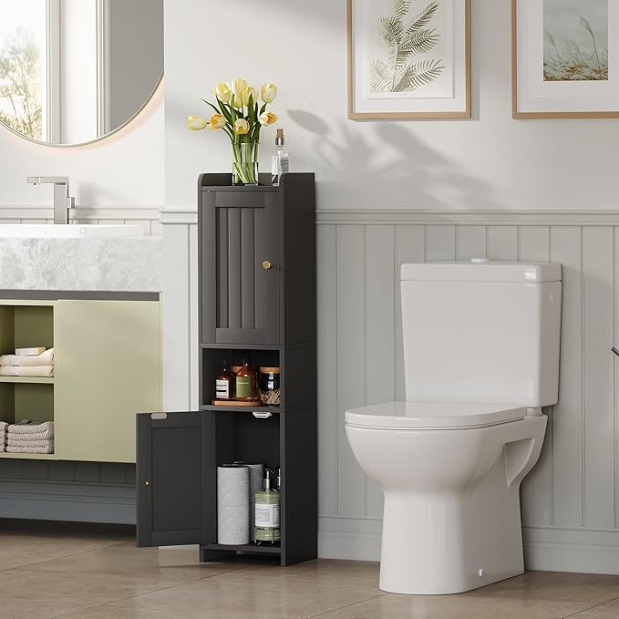 Bathroom Cabinet with 2 Doors, 7.3 x 9.8 x 40.4 Inches, Small Freestanding Storage Cabinet with Adjustable Shelf, Floor Cabinet for Small Spaces, Bathroom, Entrances, Kitchen, Black