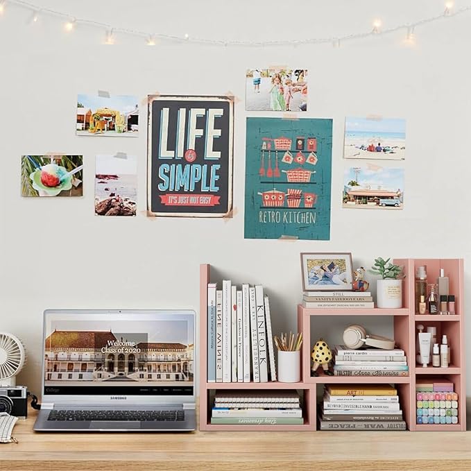 Desk Shelves Desktop Organizer Shlef - Pink Office Organization for Top of Desk Organizers and Accessories Corner Bookshelf Table Top Shelving Small Hutch Decorations for Office