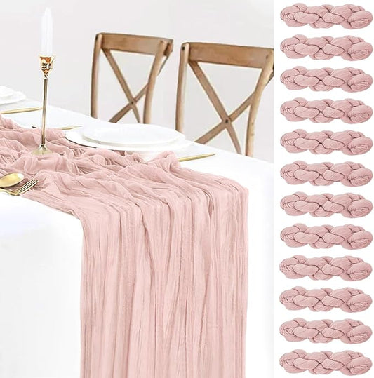 12 Pack Dusty Pink Cheesecloth Table Runner 120 Inches 10FT Sheer Pink Cheese Cloth Table Runner for Wedding Baby Shower Tea Party Boho Thanksgiving Home Decorations