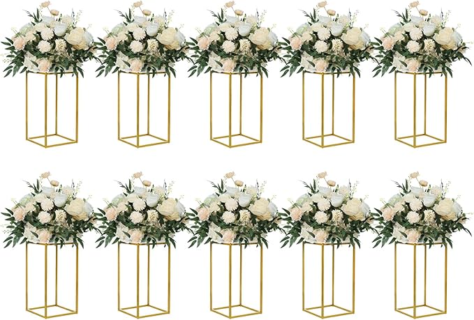 YALLOVE 10 Pcs 15.75" Gold Wedding Flower Stand Metal Vase Column Stand Geometric Centerpiece Vase for Home Party Wedding Decorations, Rectangular Flower Display Rack