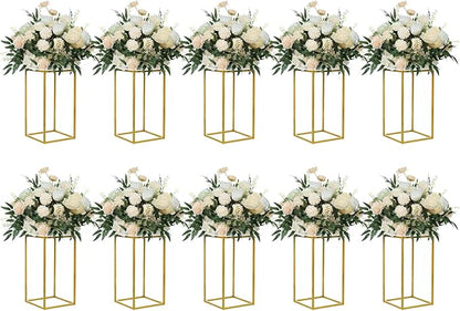 YALLOVE 10 Pcs 15.75" Gold Wedding Flower Stand Metal Vase Column Stand Geometric Centerpiece Vase for Home Party Wedding Decorations, Rectangular Flower Display Rack