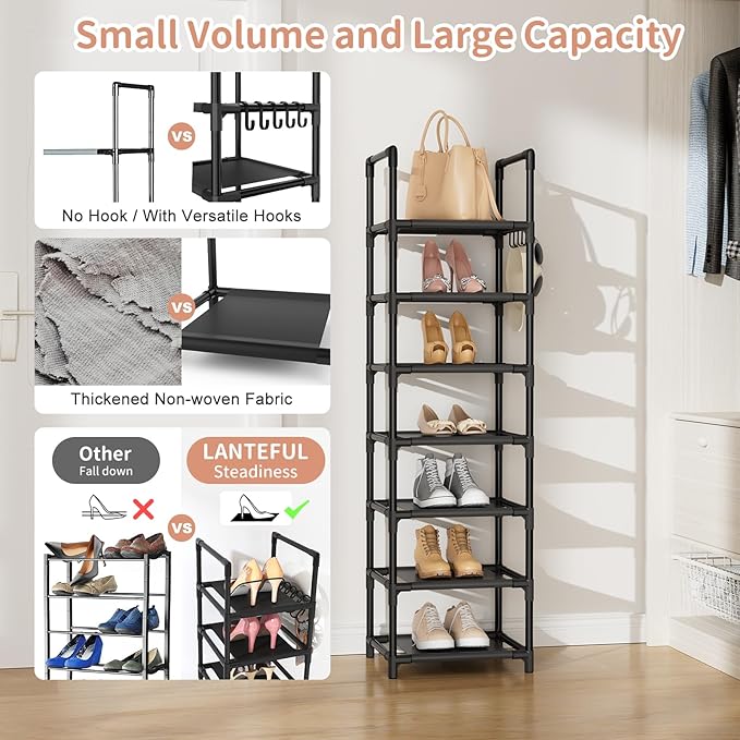 LANTEFUL Tall Shoe Rack 7 Tier Narrow Shoe Shelf Storage for 7-14 Pairs Shoe and Boot, Sturdy Shoe Storage Space Saving Corner Shoe Rack Organizer for Closet, Entryway, Living Room, Brown