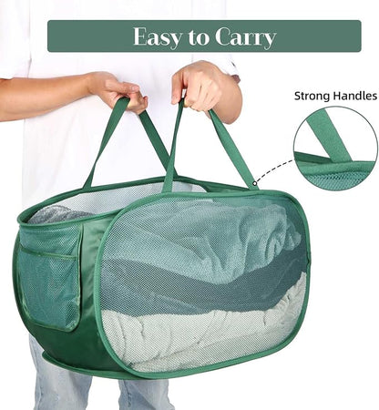 Sturdy Mesh Pop Up Laundry Hamper, Collapsible Laundry Baskets with Side Pocket, Foldable Clothes Hamper with Reinforced Carry Handles for Laundry, Bathroom, Kids Room, Dorm or Travel 2 Pack Emerald