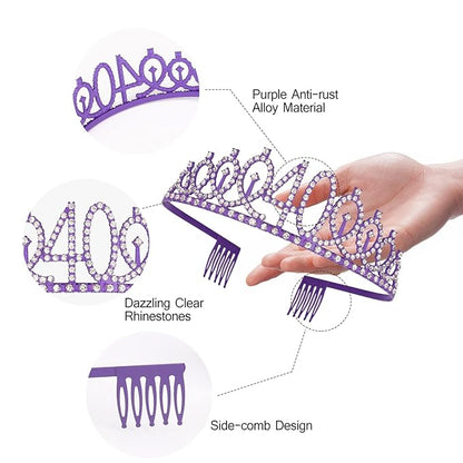 Purple 40th Birthday Celebration Kit - Sash and Tiara Set, Party Favors, Decorations and Cake Topper