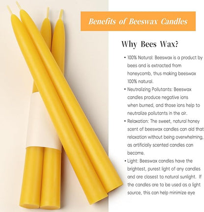 24 Packs Beeswax Taper Candles 9 Inch, All Natural Beeswax Candle Sticks - 10 Hour Burn Time - Smokeless & Dripless Taper Candles for Table Decor, Unscented Bee Wax Tapered Candle