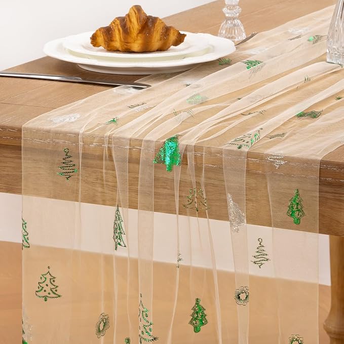 Beige Gold Table Runner for Christmas Sheer Gauze Cheesecloth 120 Inch with Glitter Holiday Party Decor for Family Gatherings Dining Table Home Celebration