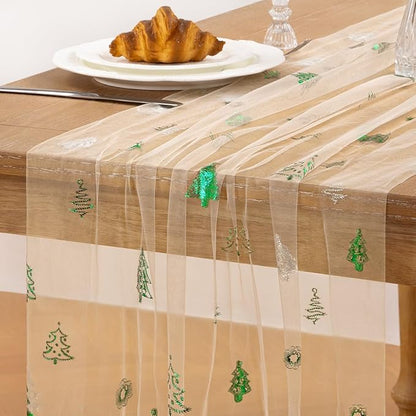 Beige Gold Table Runner for Christmas Sheer Gauze Cheesecloth 120 Inch with Glitter Holiday Party Decor for Family Gatherings Dining Table Home Celebration