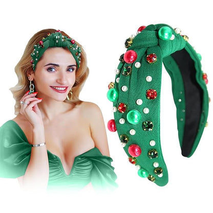 Christmas Headbands for Women, Beaded Pearl Rhinestone Crystal Jeweled Hairband, Festive Headbands for Women, Pearl Hair Accessory, Fashion Elegant Ladies Wide Top Knot Hair Bands. (Green, Medium)