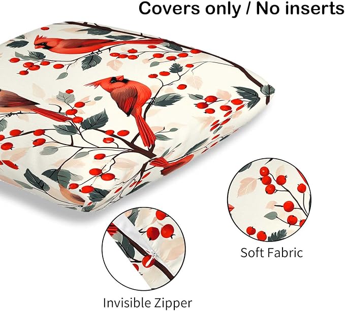 Red Cardinal Bird Throw Pillow Covers 18x18 Set of 2, Home Decorative Cushion Cases for Couch, Sofa, Bed and Living Room, Berry Decor Pillowcases for Spring, Summer, Autumn and Winter