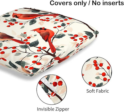 Red Cardinal Bird Throw Pillow Covers 18x18 Set of 2, Home Decorative Cushion Cases for Couch, Sofa, Bed and Living Room, Berry Decor Pillowcases for Spring, Summer, Autumn and Winter