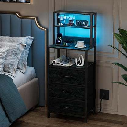 Furnulem Night Stand, Tall Nightstand with 4-Tier Shelves and 3 Fabric Drawers, LED Bed Side Tables with Charging Station, Bedside Table for Bedroom, Hallway, Home Office, Black Oak