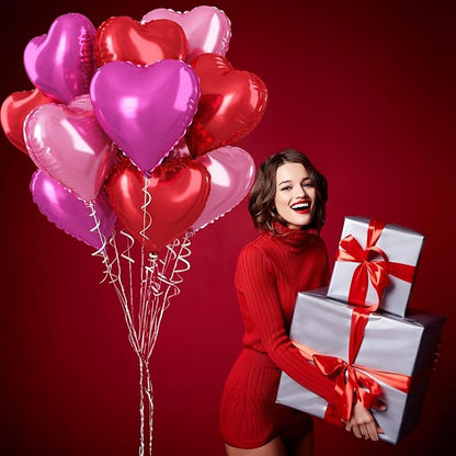 Hot Pink Foil Heart Balloons, 12 Pcs 18 Inch Mylar Heart Shaped Pink & Red Party Decoration for Birthdays, Weddings, Anniversaries, Valentine's Day