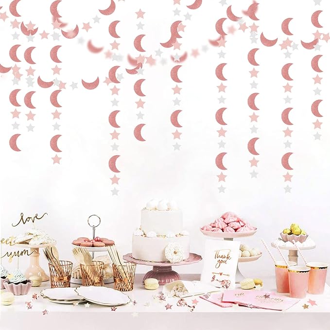 Pink Rose-Gold Moon-Star Party-Decorations Garland - 52Ft Twinkle Little Star Hanging Decoration Streamers Banner, Eid Ramadan Mubarak Decoration Birthday Wedding Baby Shower Party Decor Panduola