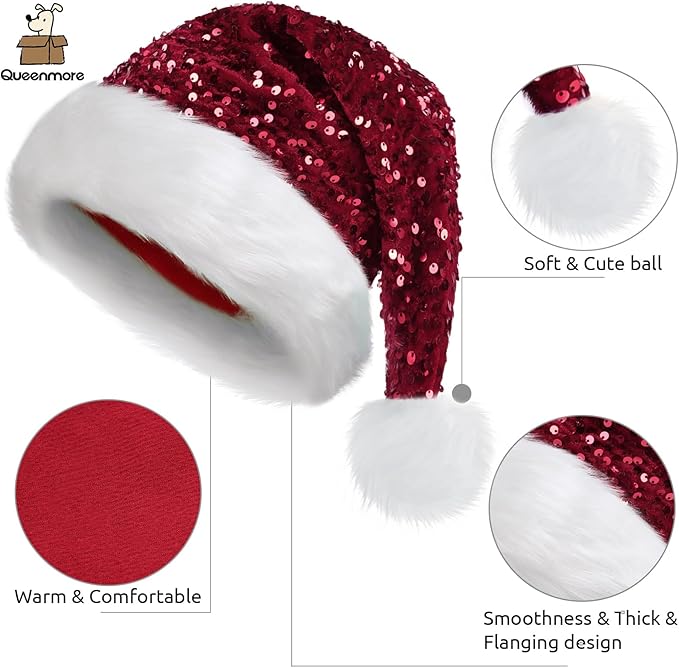 Queenmore Adult's Christmas Santa Claus Hat, Plush Santa Cap, Velvet Headwear, Lined and Fabric-Shedding Resistant