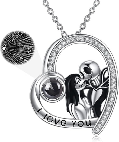 LILALO Christmas Gifts Nightmare Necklace Sterling Silver Abalone Shell Crystal Jack and Sally Necklace Jack Skellington Skull Jewelry Skull Necklaces for Women