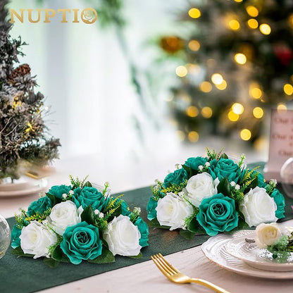 NUPTIO Flower Wedding Centrepieces for Tables - 10 Pcs 9.5in Diameter Teal & White Artificial Flowers Rose Ball for Centerpieces Table - Fake Rose Arrangements for Weddings Birthday Party Decorations