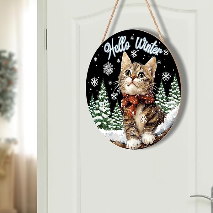 Hello Winter Cat Front Door Sign Winter Kitty Kitten Pine Tree Round Wood Sign 12x12in Winter Decorations Cat door hanger Christmas Winter Wreath Wall Hanging Welcome Sign for Outdoor Outside Porch
