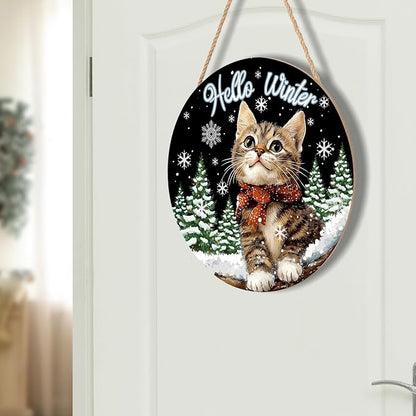 Hello Winter Cat Front Door Sign Winter Kitty Kitten Pine Tree Round Wood Sign 12x12in Winter Decorations Cat door hanger Christmas Winter Wreath Wall Hanging Welcome Sign for Outdoor Outside Porch