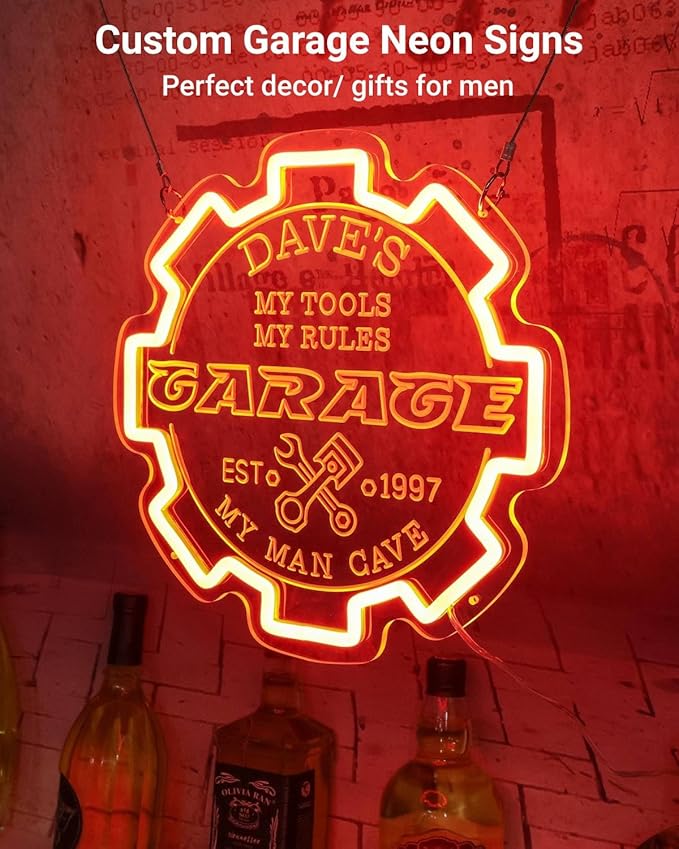 Custom Garage Neon sign for Wall Decor with Timing Remote, Personalized Gear Garage LED Neon Light for Man Cave, Home Bar, Workshop, Son Dad Birthday Gift ORANGE