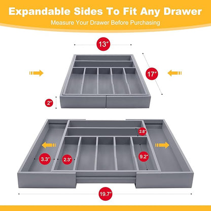 Large Premium Bamboo Silverware Organizer - Expandable Drawer Organizer & Utensil Organizer - 17"x19.7" Cutlery Tray with Dividers for Kitchen Utensils and Flatware (7-9 Slots) (Grey)