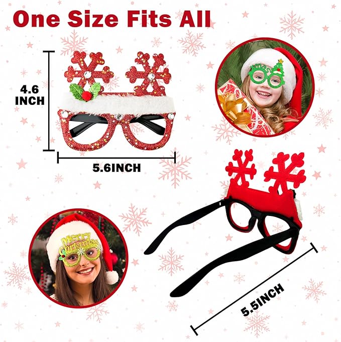 Christmas Accessories Bulk 24 Pack - Xmas Glitter Glasses Frames to Wear, One Size Holiday Eyeglasses Party Favors Supplies, Friendsmas Classroom Gifts Prizes Photo Props Decor for Costume