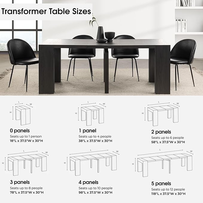 Transformer Table - Solid Wood Extendable Dining Table, Seats 2-12, Expandable Dining Room Table, Space-Saving Furniture, Kitchen and Dining Room Furniture (Black, Table + Bench + 4 Chairs)