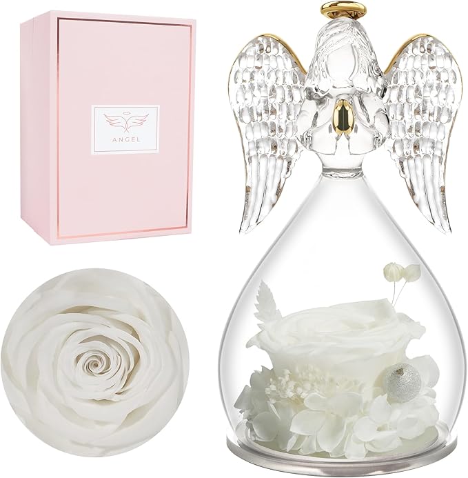 Miofula Preserved Flower Rose Birthday Gifts for Mom, Angel Figurines with Forever Real Rose Gifts for Her Mom Grandma, Angels Gifts for Mothers Day Christmas Anniversary Thanksgiving Birthday Gifts