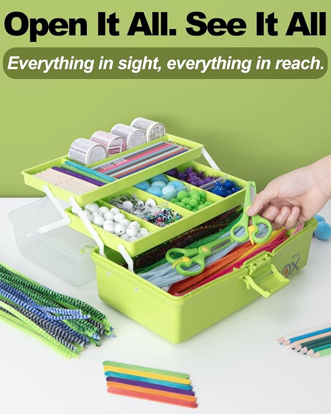 12in 3-Layer Plastic Craft Organizers and Storage, Portable Folding Tackle Box with Handle & Adjustable Dividers, Multipurpose Case for Sewing, Art Supplies, Medicine, Tools (Green)